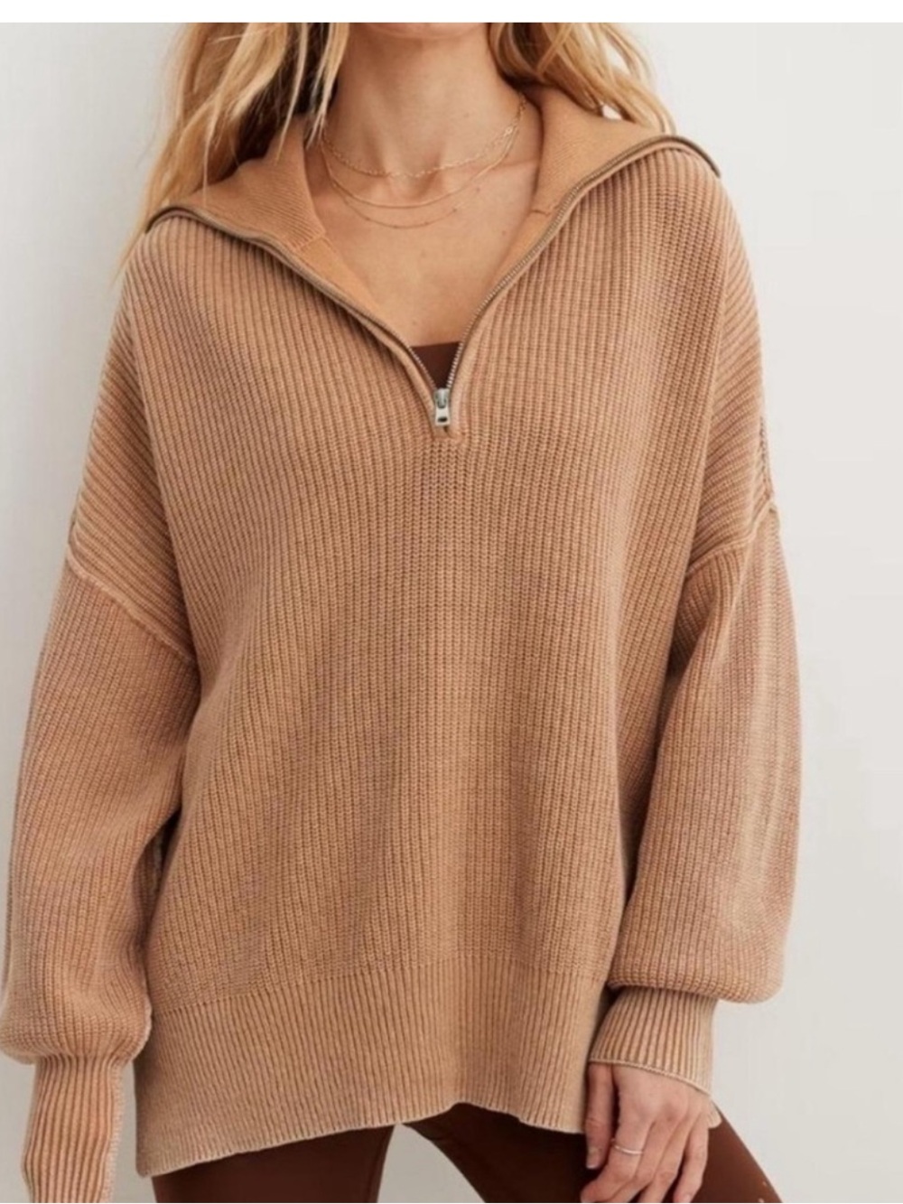 Aerie Brown CozyUp Waffle Quarter Zip Sweater Cappuccino Brown Small
